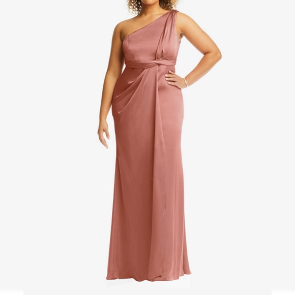 Dessy Collection One Shoulder‎ Draped Twist Dress in Desert Rose Pink - Picture 1 of 11